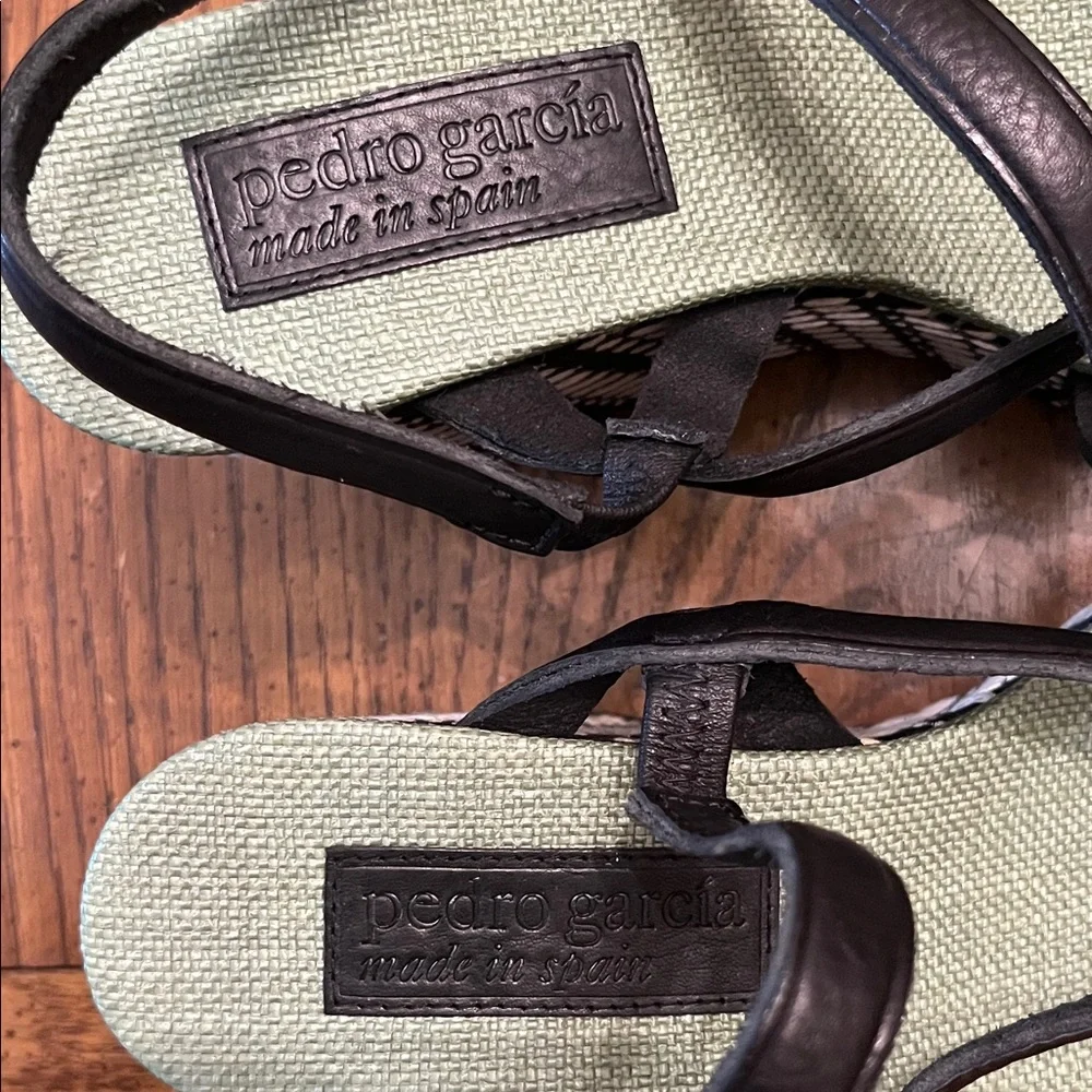 Stylish Pedro Garcia Black and Green Wedge Sandals, size 39 1/2, NWOT‎